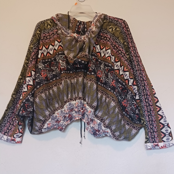 Free People Hold On Tight Gause Hooded Top SzXS Green/Black Oversized - Picture 3 of 13